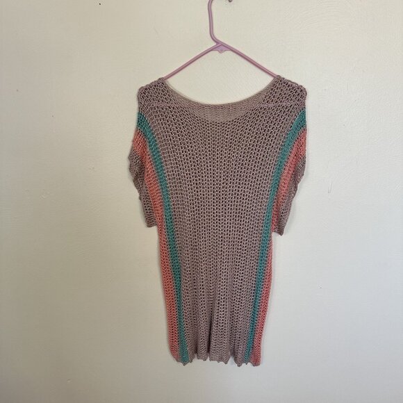 Womens Boho Open Knit Top Tan Striped Scalloped Hem Tunic Beach Cover Up Medium - Picture 6 of 6